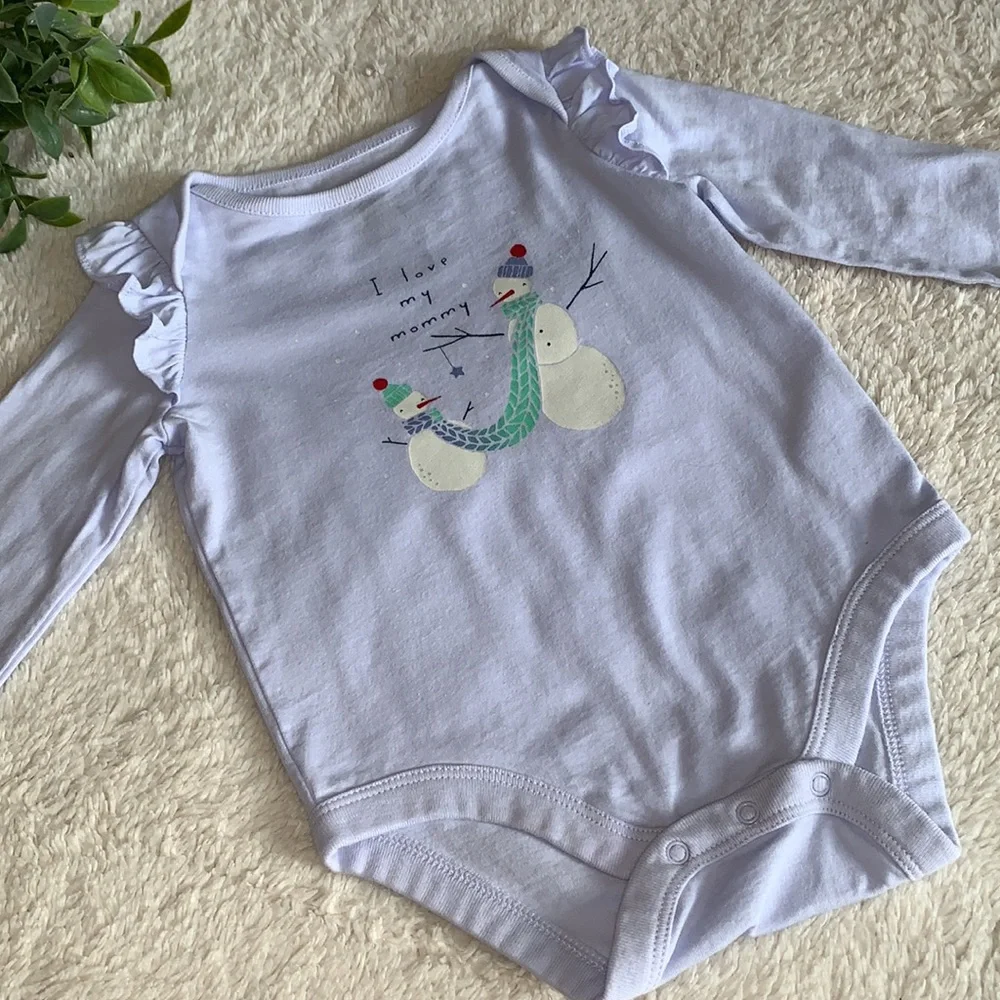 GAP Snoman Ruffle Bodysuit Onesie 6-12M I Love My Mommy EUC bluish purple